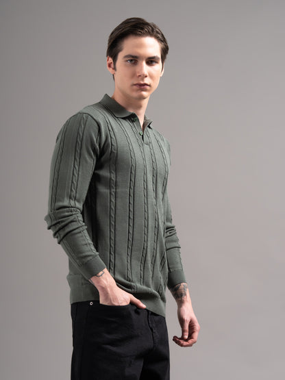 Cable Olive Knit Polo T-Shirt