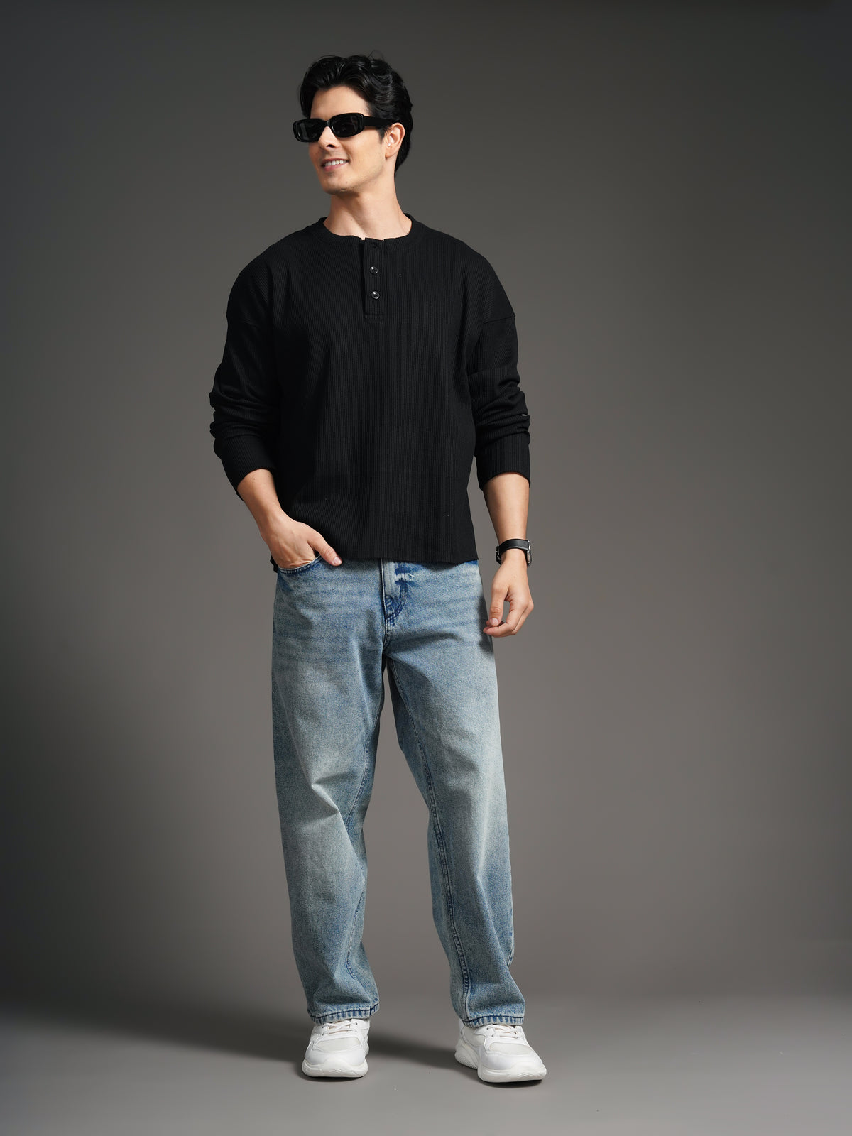 Waffle Henley Black T-Shirt