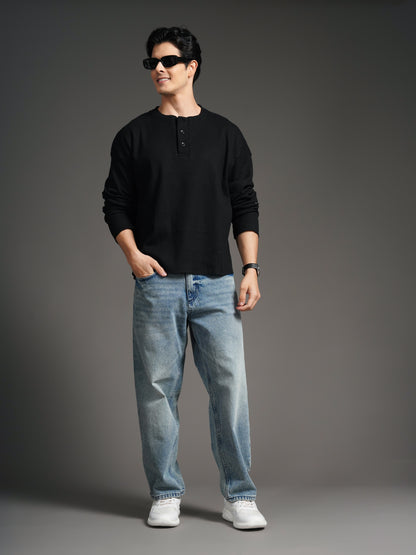 Waffle Henley Black T-Shirt