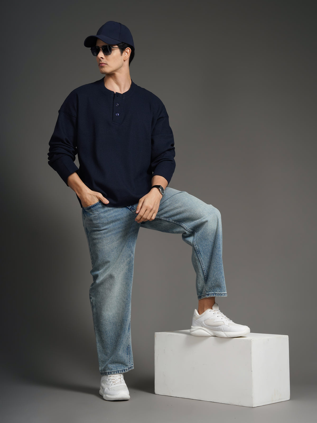 Waffle Henley Navy T-Shirt