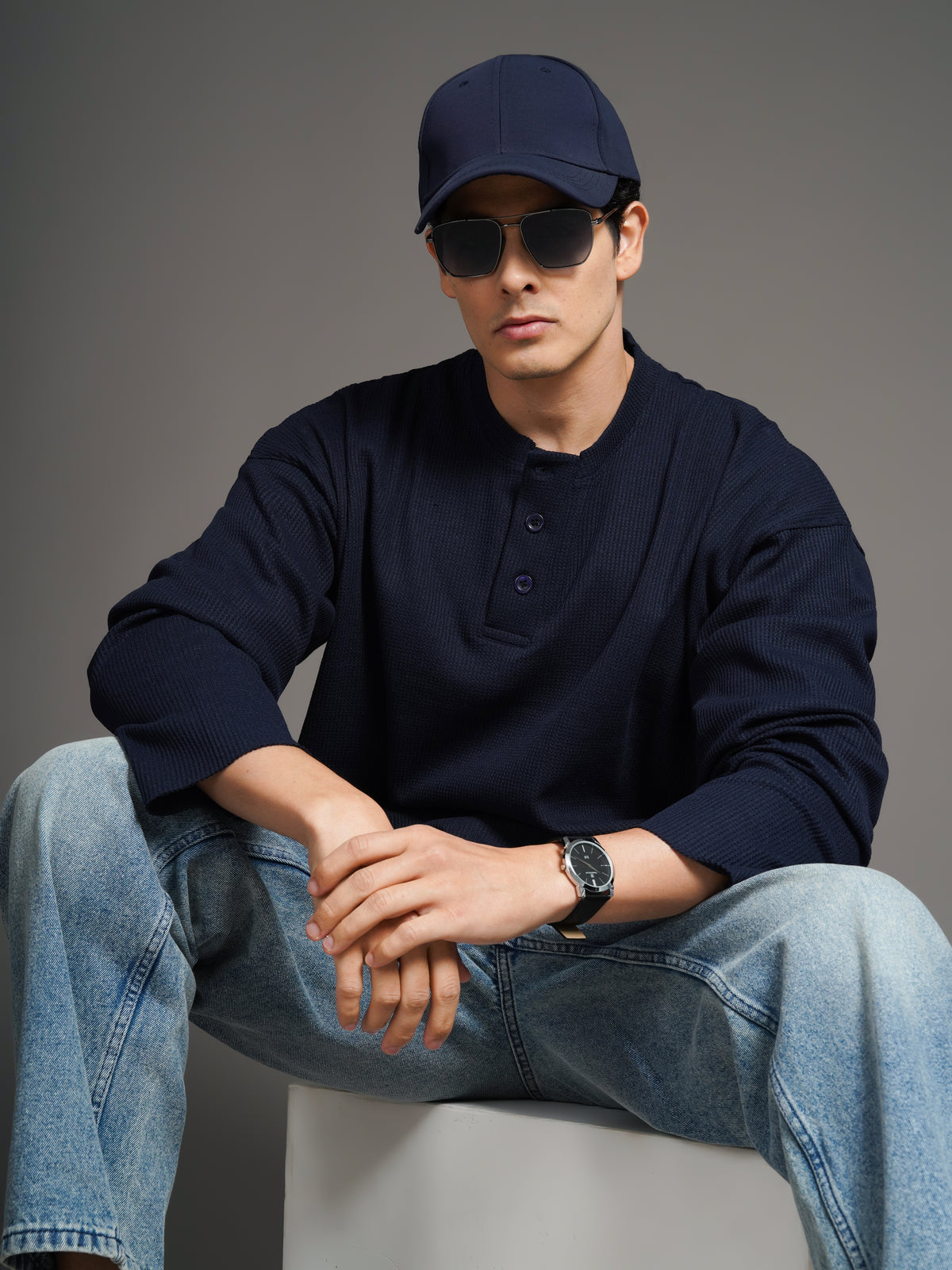 Waffle Henley Navy T-Shirt