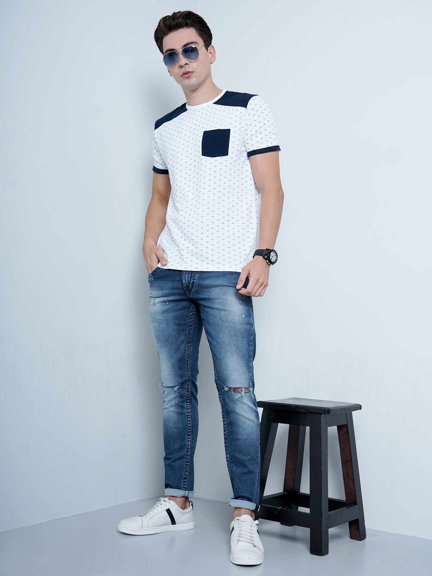 Navy Pocket White T-Shirt