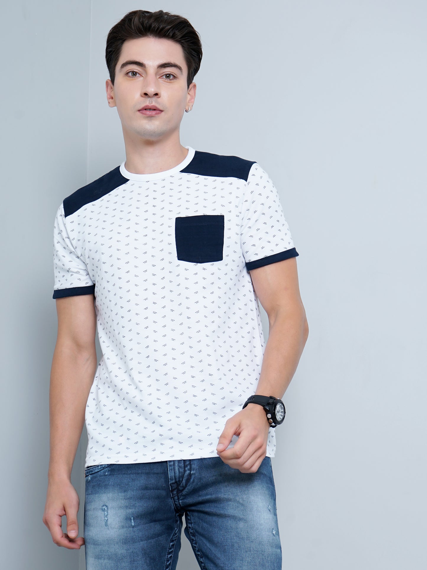 Navy Pocket White T-Shirt