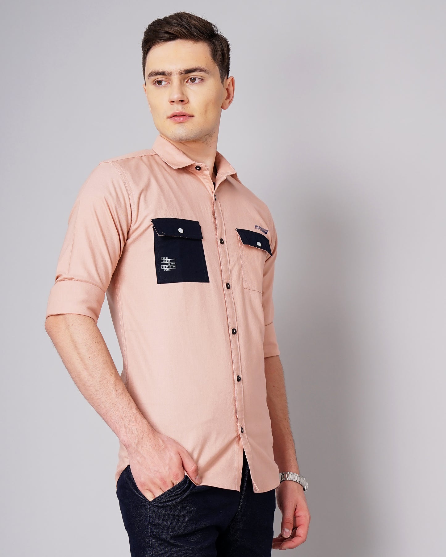 Contrast Pocket Pink Shirt
