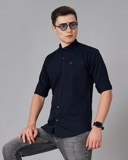 Button Mandarin Navy Solid Shirt