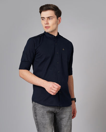 Button Mandarin Navy Solid Shirt