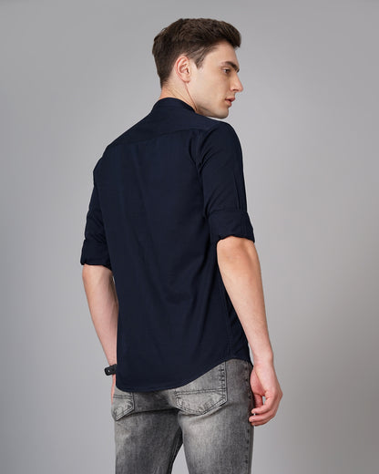 Button Mandarin Navy Solid Shirt