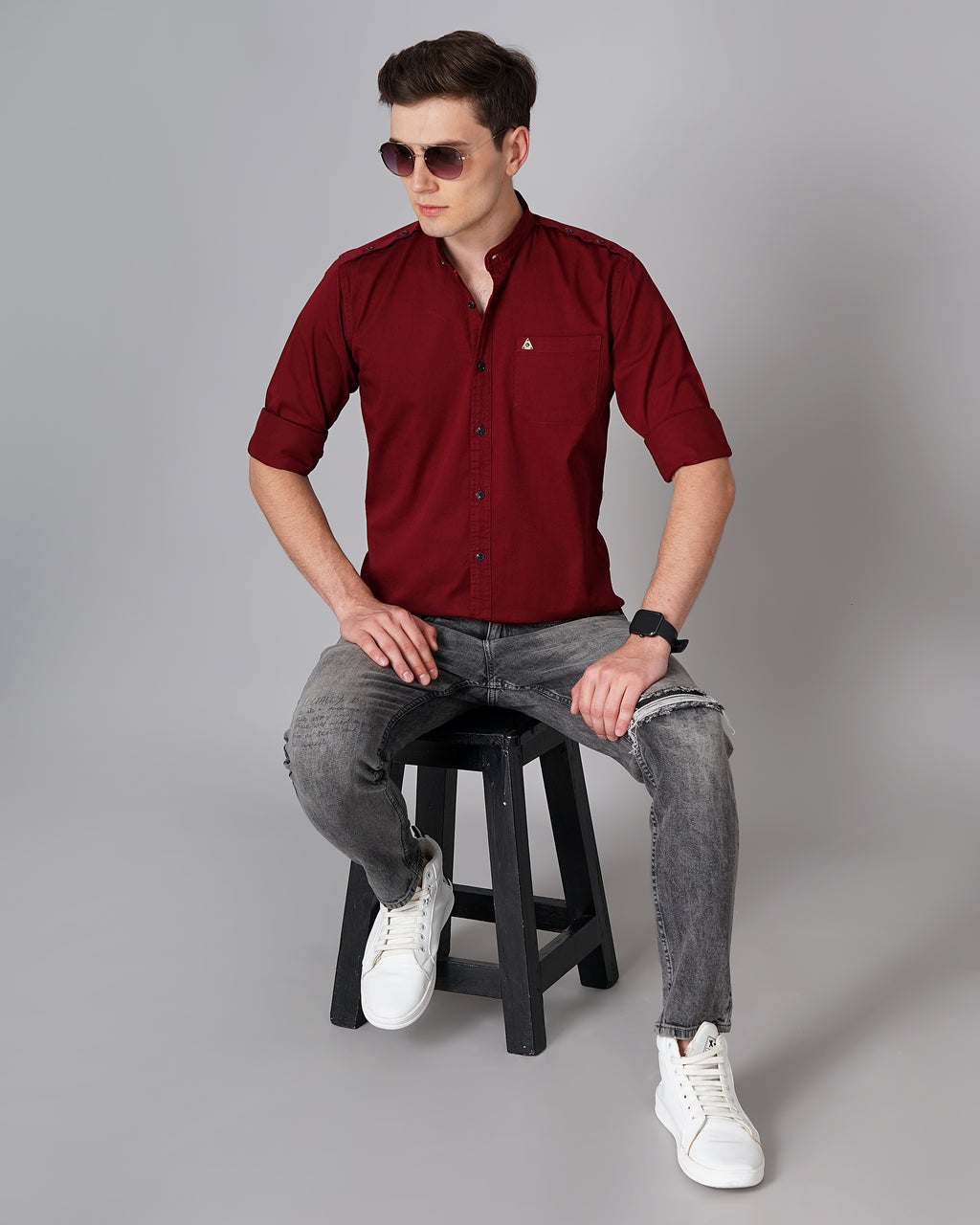 Button Mandarin Red Solid Shirt