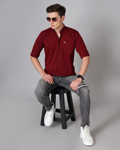 Button Mandarin Red Solid Shirt