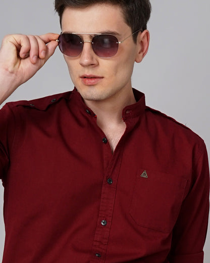 Button Mandarin Red Solid Shirt