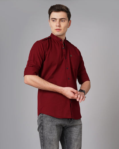 Button Mandarin Red Solid Shirt