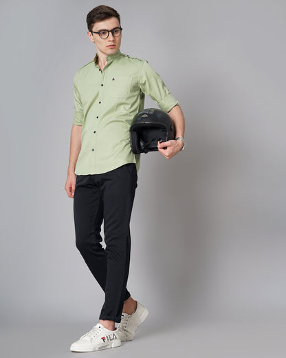 Button Mandarin Green Solid Shirt