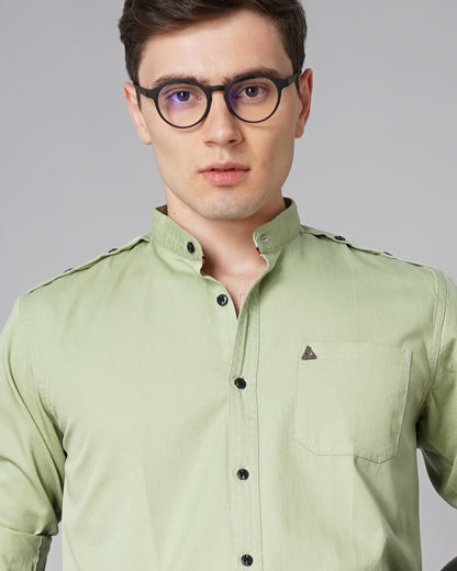 Button Mandarin Green Solid Shirt