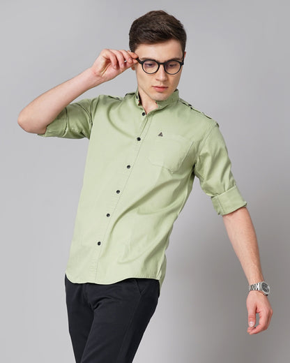 Button Mandarin Green Solid Shirt