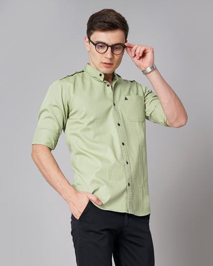 Button Mandarin Green Solid Shirt