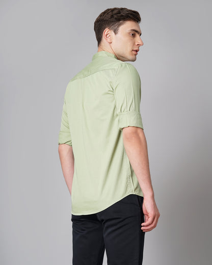 Button Mandarin Green Solid Shirt